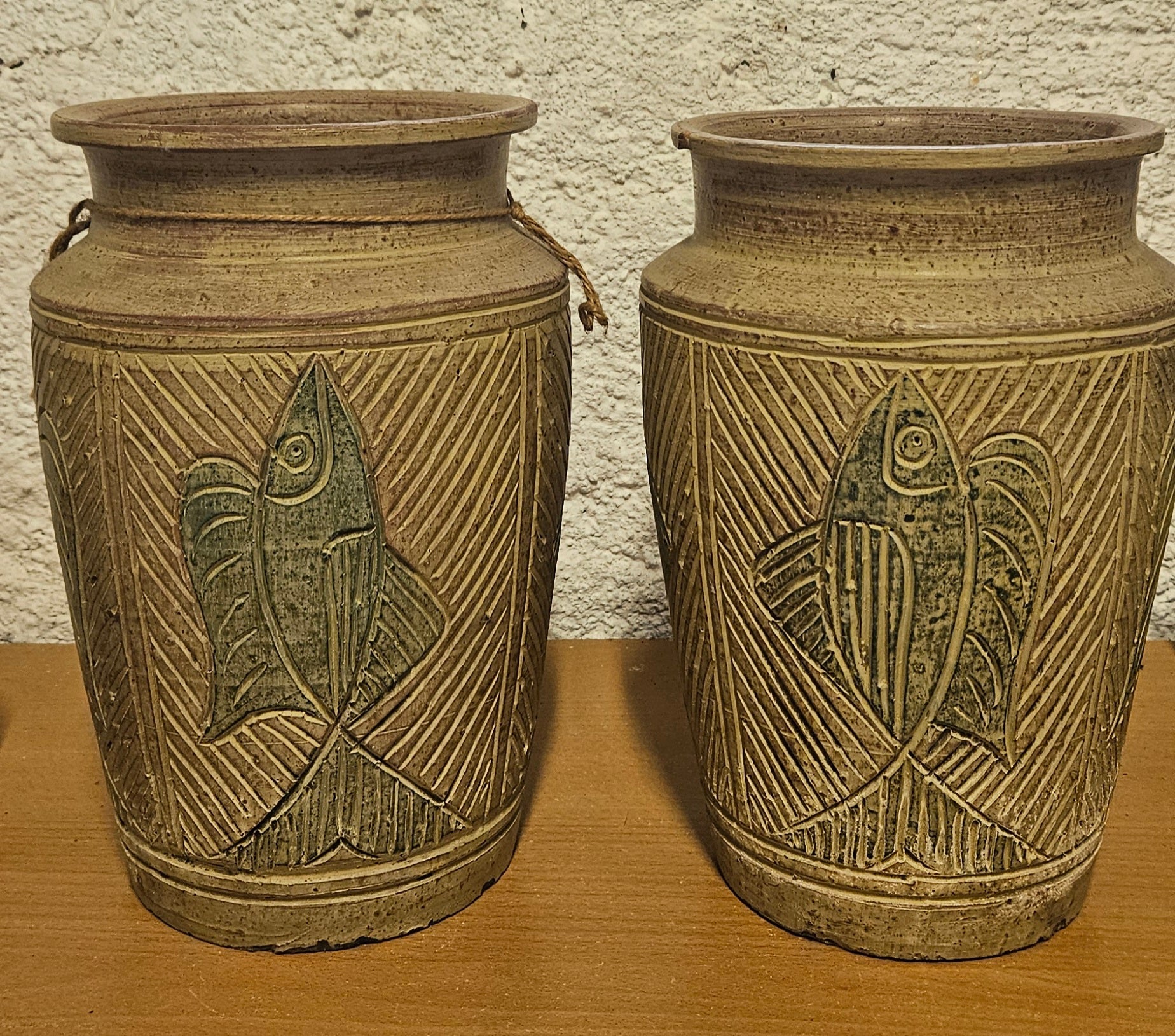 Pair of Vintage Tribal Fish Motif Ceramic Vases / Planters