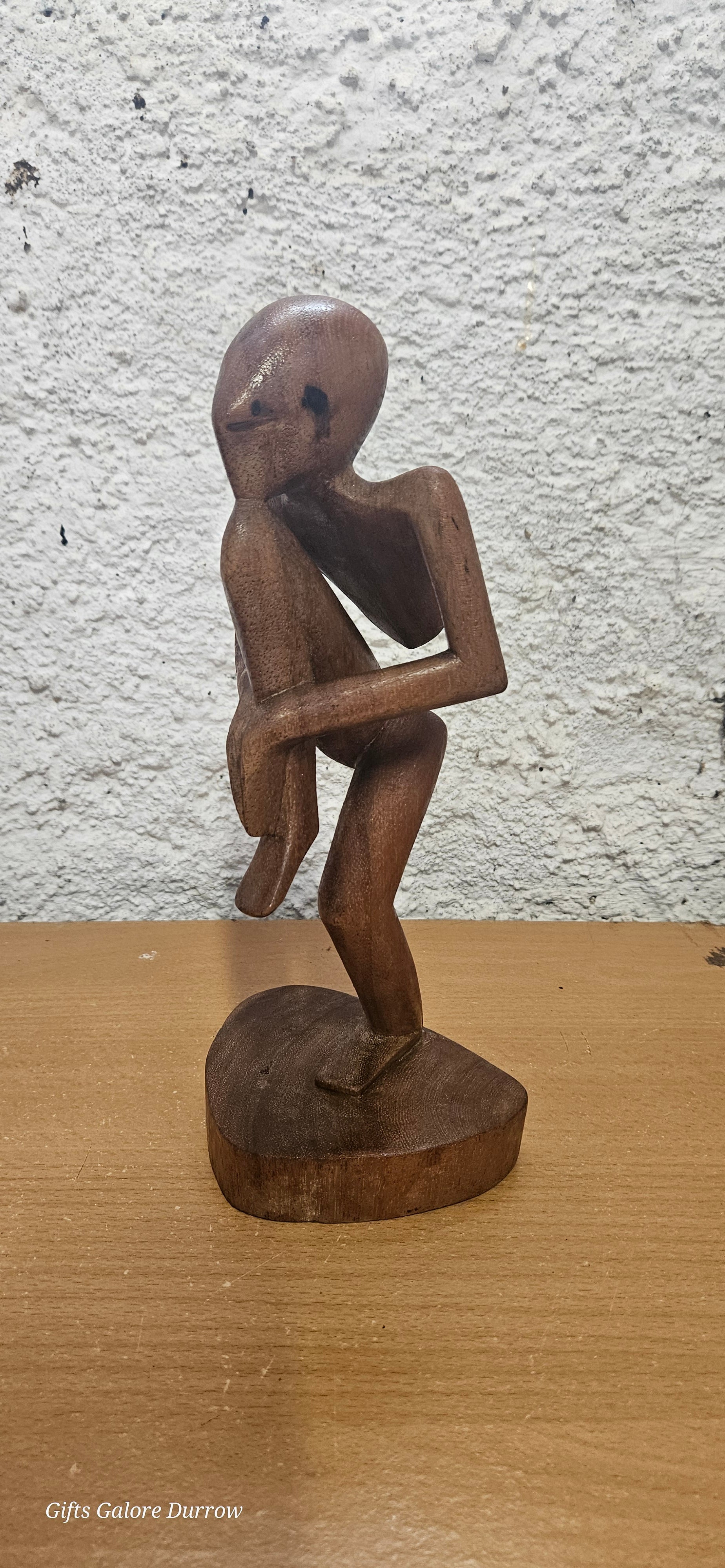 Hand-Carved Wooden Thinker Figure