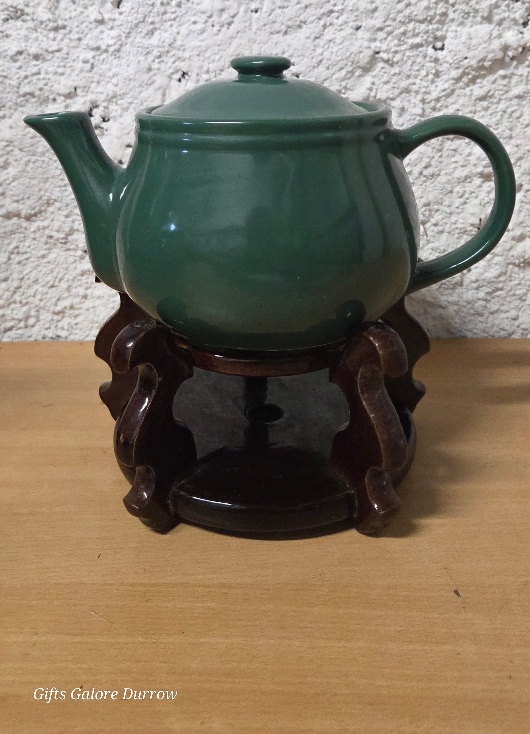 Elegant Green Ceramic Teapot with Wooden Warmer Stand